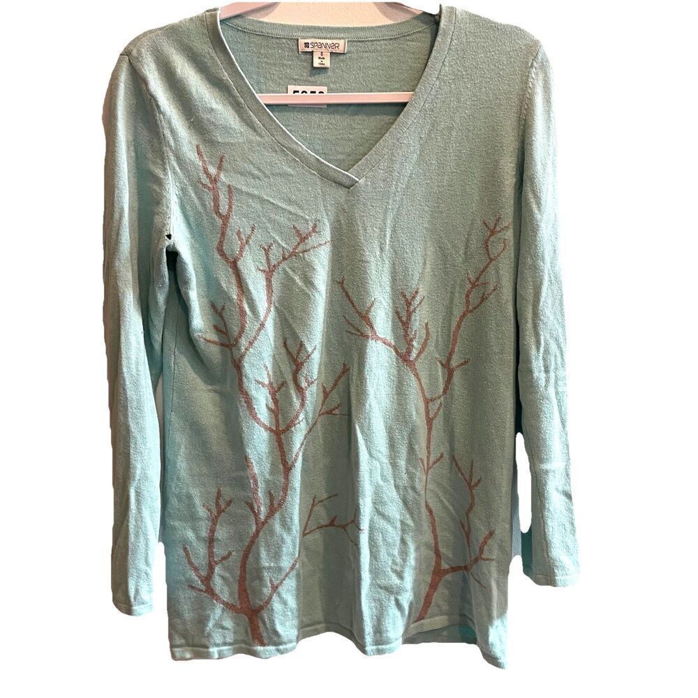 Spanner Long Sleeve Sweater Knit Blue Sz S Cotton Wool Tree V Neck Classic Artsy